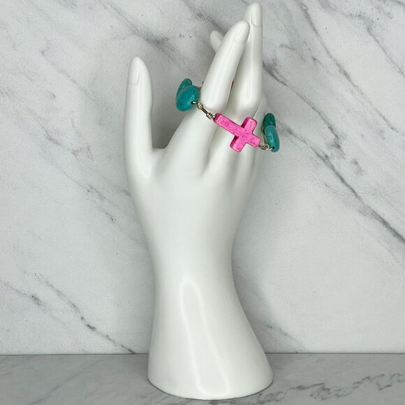 Silver Tone Faux Turquoise Beaded Pink Cross Small Wire Bangle Bracelet - Picture 2 of 10